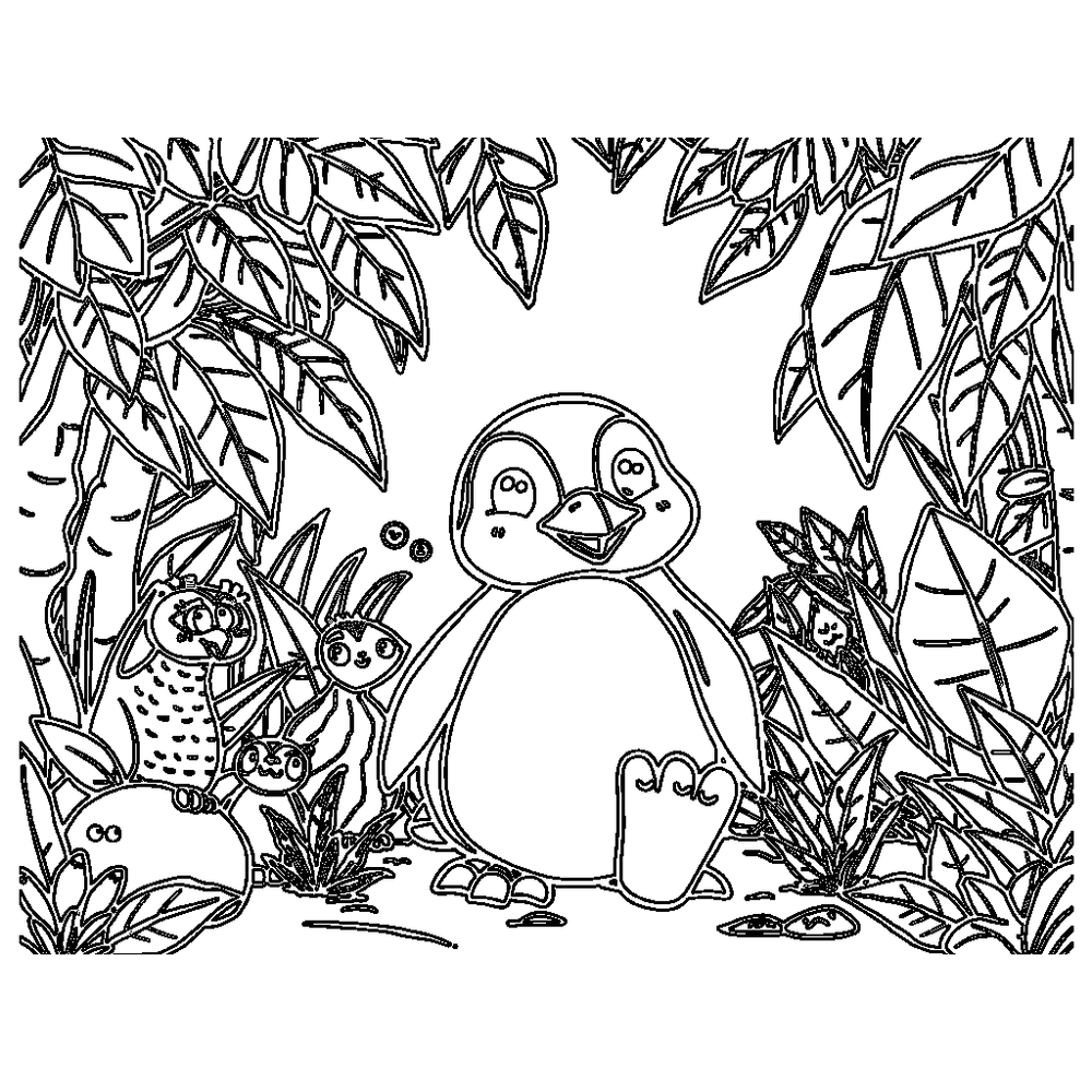 Penguin in the jungle coloring page