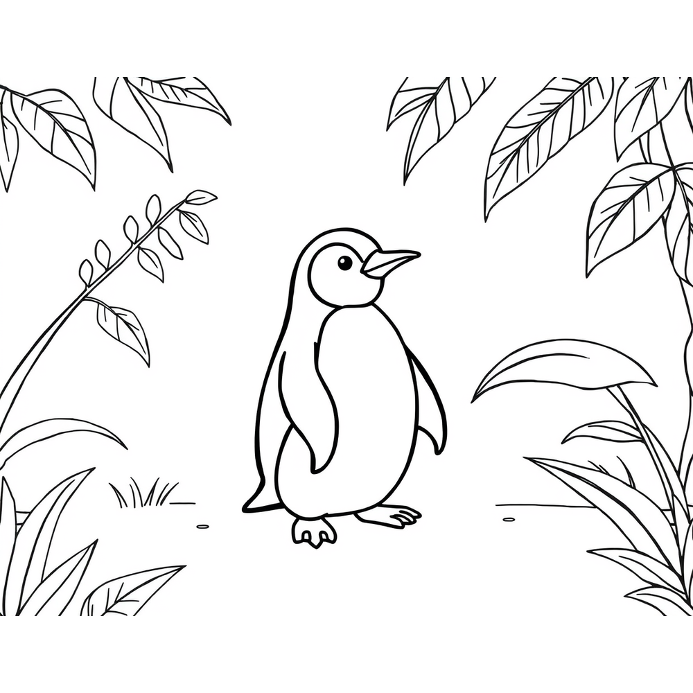 Penguin in the jungle coloring page