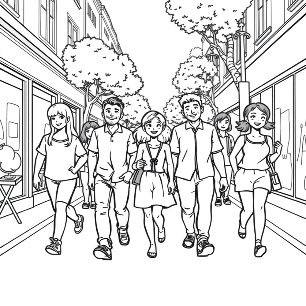 people walking on the street coloring page