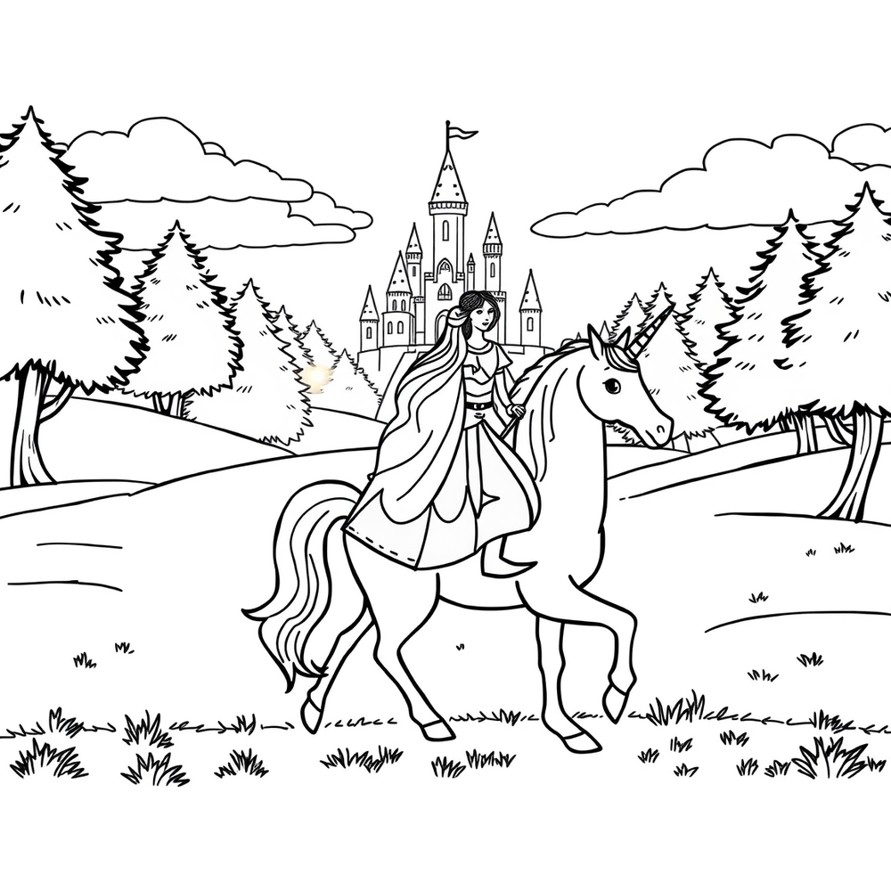 Princess and prince on a unicorn, castle in the back coloring page