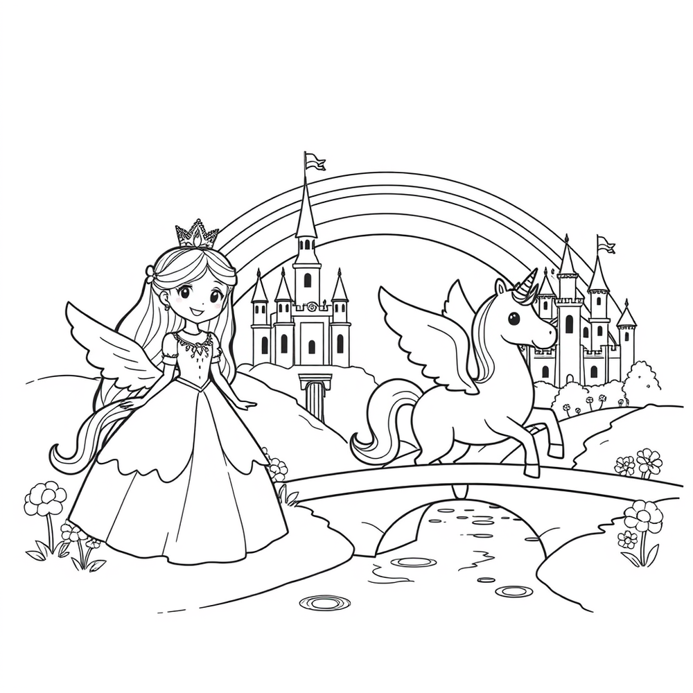 princess and unicorn, unicorn got wings, there is a castl… coloring page