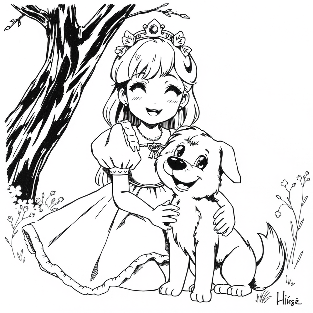 princess with a dog coloring page
