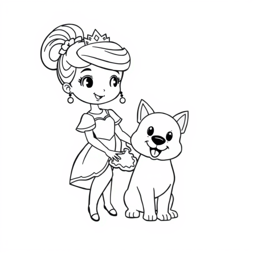 princess with a dog coloring page outline to print