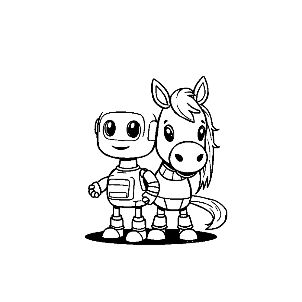 robot and a horse coloring page outline to print