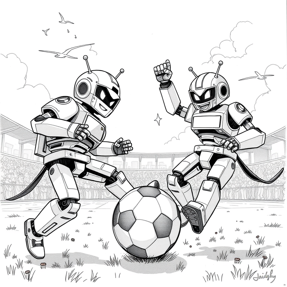 Robots playing football coloring page outline to print