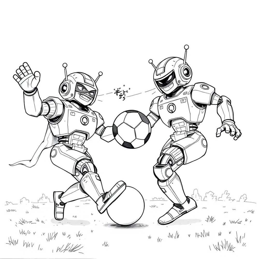 robots playing football coloring page outline to print