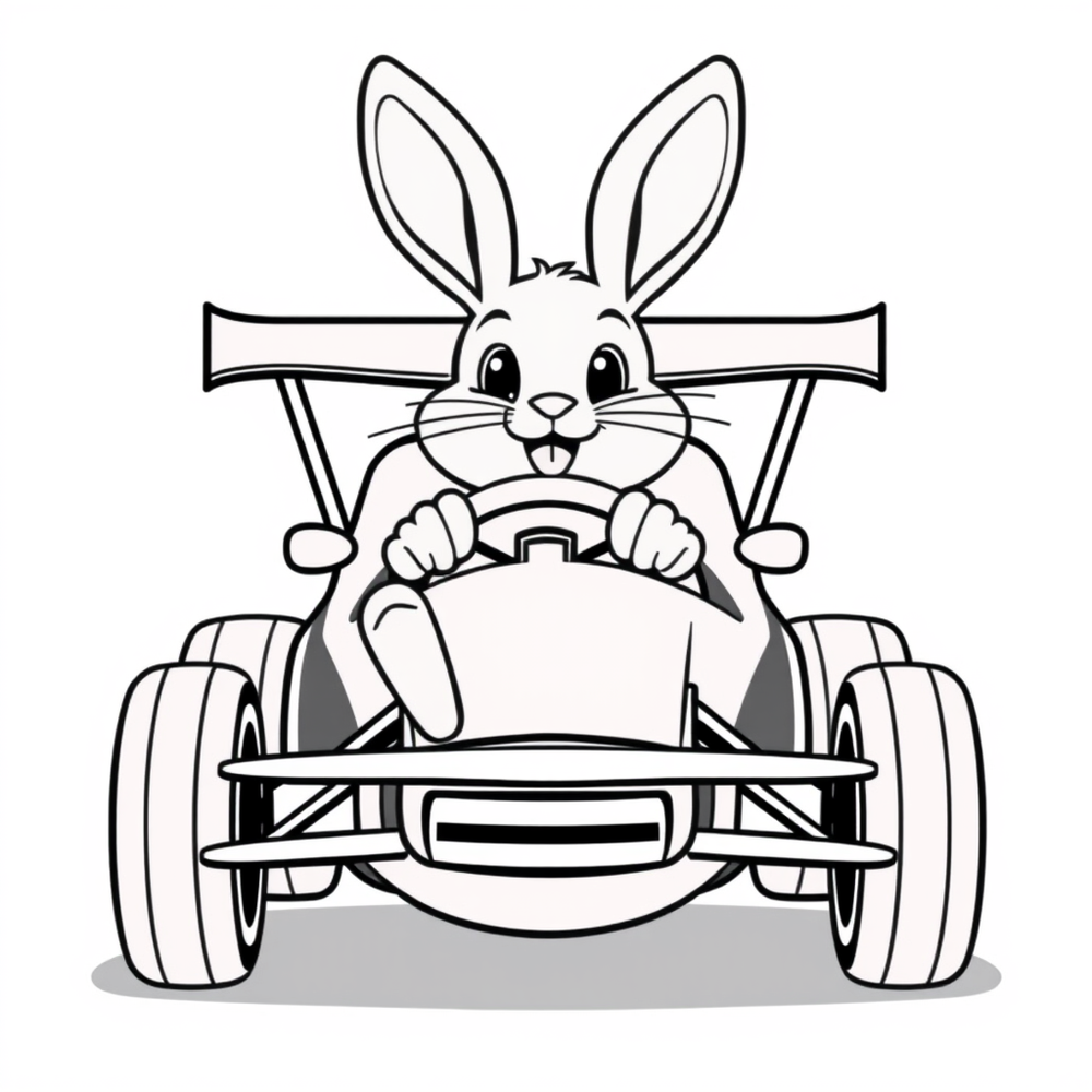 Samochód wyścigowy z królikiem za kierownicą coloring page outline to print