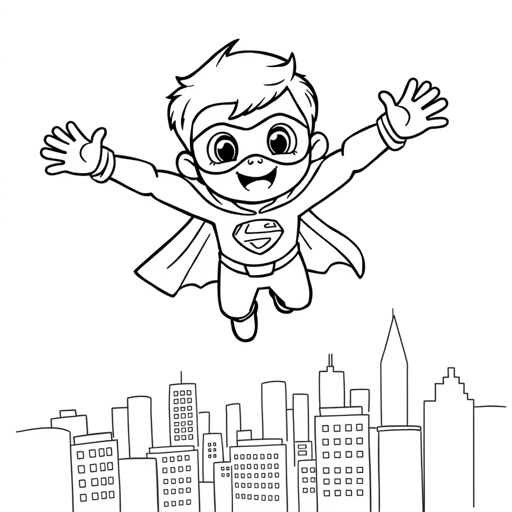 Superbohaterskie dziecko leci nad przyjaznym miastem coloring page outline to print