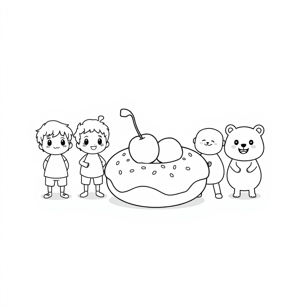 Tasty donut, cherry, marshmallow and powder sugar on it coloring page