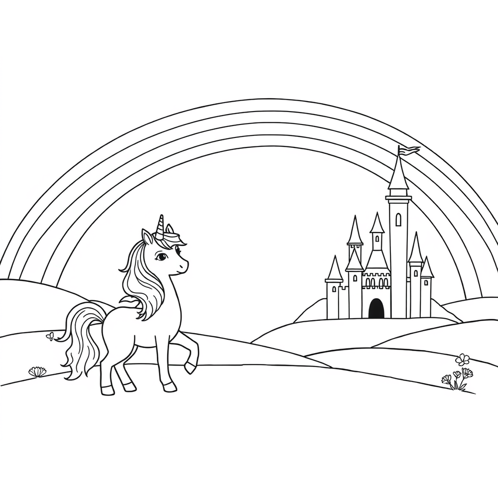 Unicorn and princess and a prince and a castle and rainbow coloring page