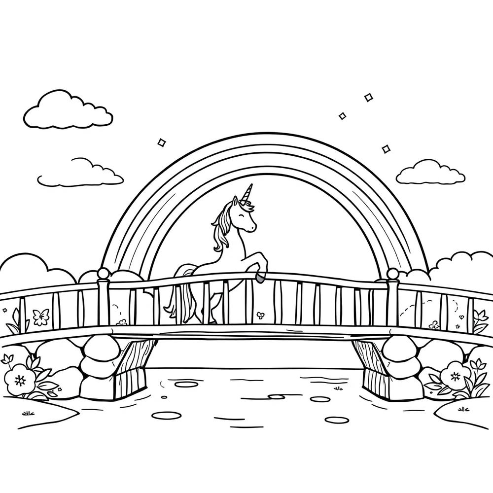unicorn and rainbow and princess seam in a bridge coloring page