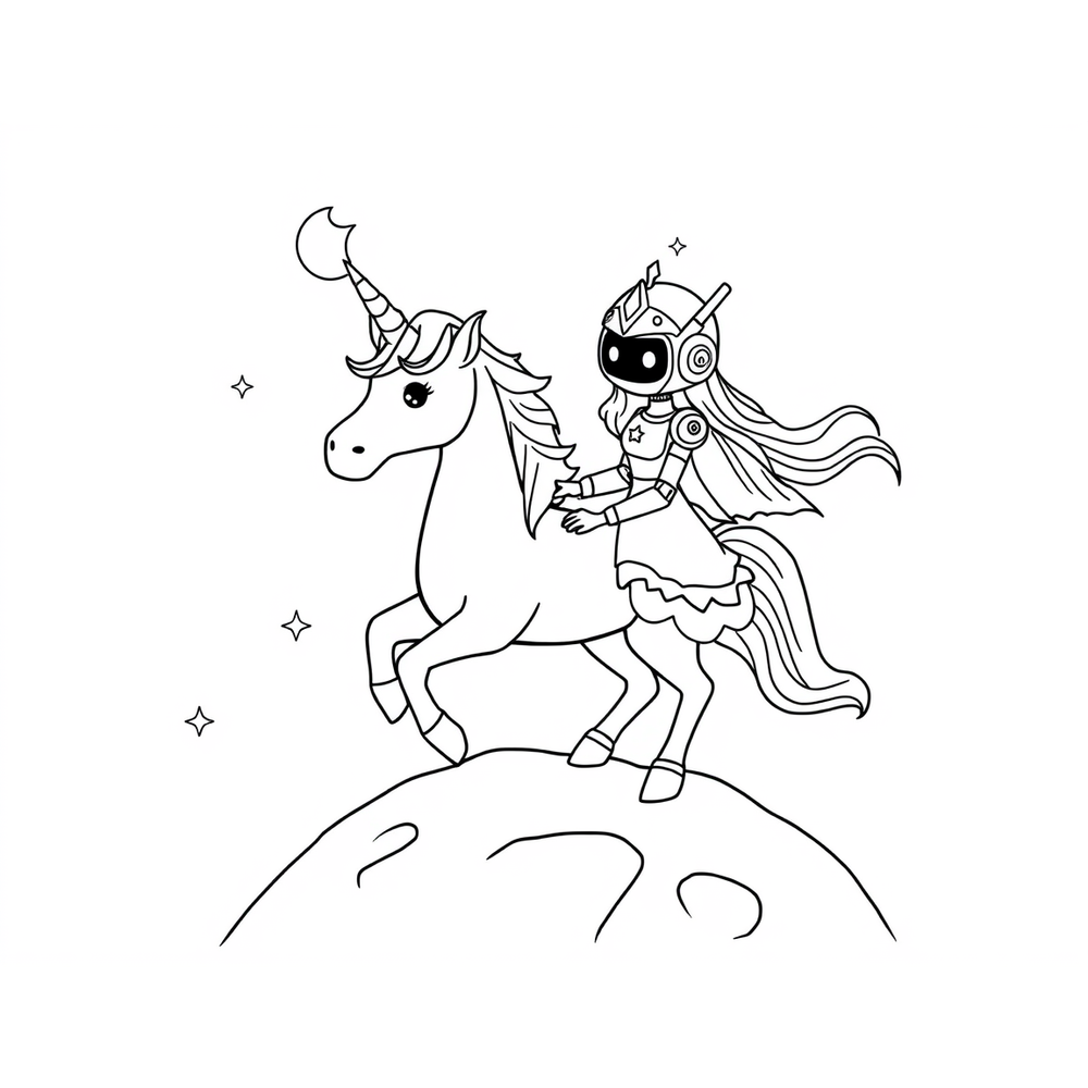 unicorn and robot princess on the moon coloring page