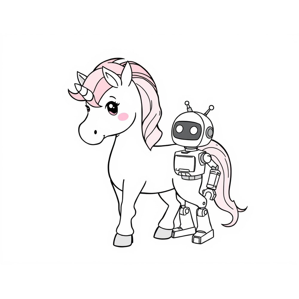unicorn and robot coloring page outline to print
