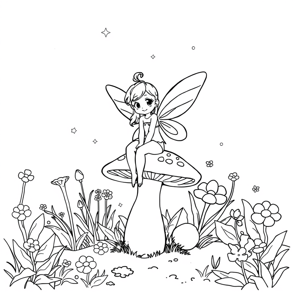 Wróżka siedzi na grzybie w magicznych ogrodach coloring page outline to print